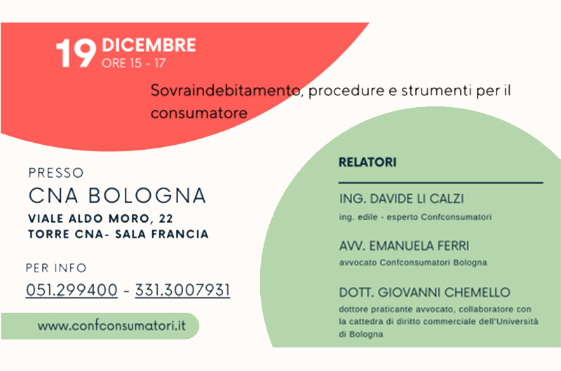 Sovraindebitamento, seminario Confconsumatori venerdì 19 dicembre